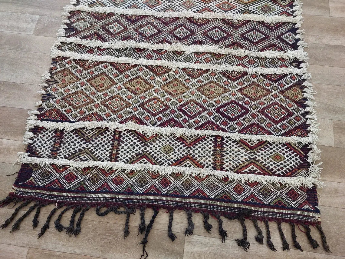 Berber Hallway Rug Blue: Vintage Moroccan Beni M'Guild Kilim Runner, Geometric Flatweave, Handwoven 11.7x3.3ft MoroccanBazzArts