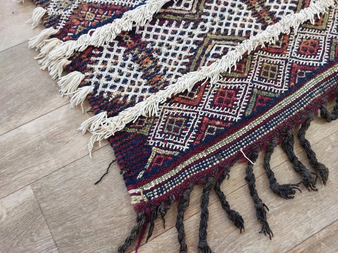 Berber Hallway Rug Blue: Vintage Moroccan Beni M'Guild Kilim Runner, Geometric Flatweave, Handwoven 11.7x3.3ft MoroccanBazzArts