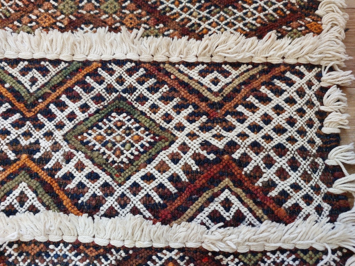 Berber Hallway Rug Blue: Vintage Moroccan Beni M'Guild Kilim Runner, Geometric Flatweave, Handwoven 11.7x3.3ft MoroccanBazzArts