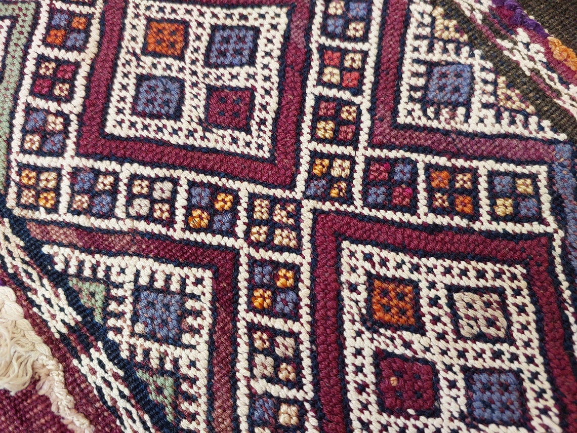 Mid Century Rug Blue Tarahalt Silk Wool 1950s Authentic Moroccan Flatweave Living Room Decor MoroccanBazzArts