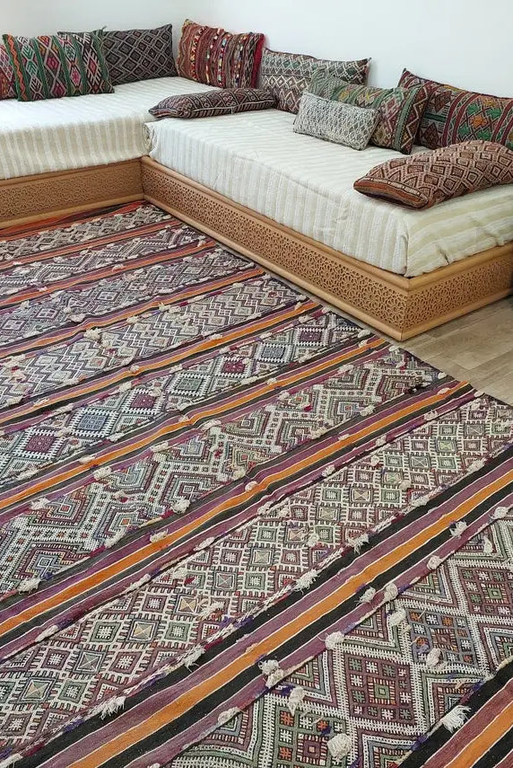 Mid Century Rug Blue Tarahalt Silk Wool 1950s Authentic Moroccan Flatweave Living Room Decor MoroccanBazzArts