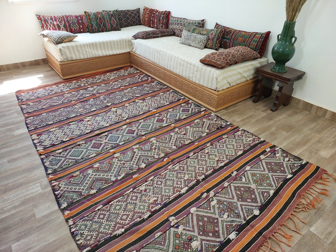 Mid Century Rug Blue Tarahalt Silk Wool 1950s Authentic Moroccan Flatweave Living Room Decor MoroccanBazzArts