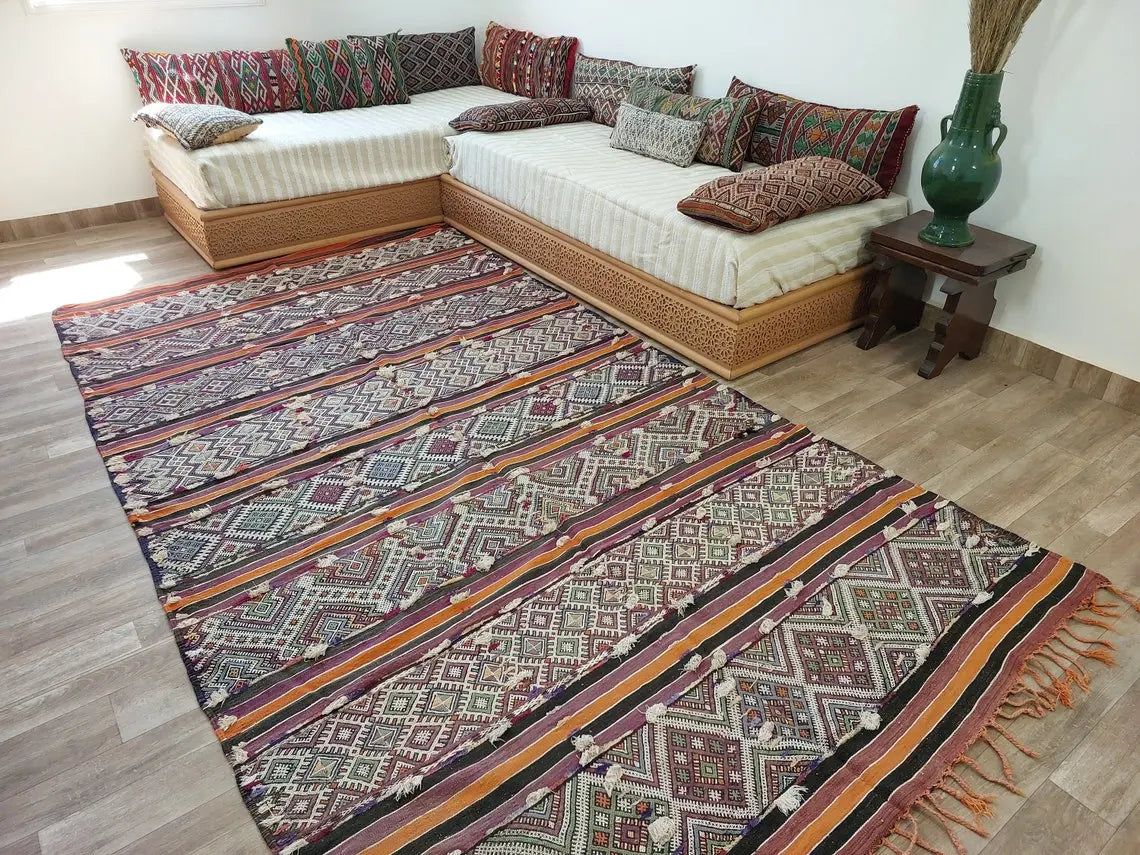 Mid Century Rug Blue Tarahalt Silk Wool 1950s Authentic Moroccan Flatweave Living Room Decor MoroccanBazzArts