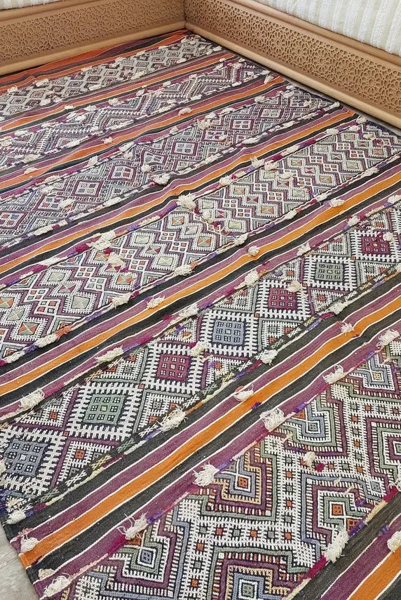 Mid Century Rug Blue Tarahalt Silk Wool 1950s Authentic Moroccan Flatweave Living Room Decor MoroccanBazzArts
