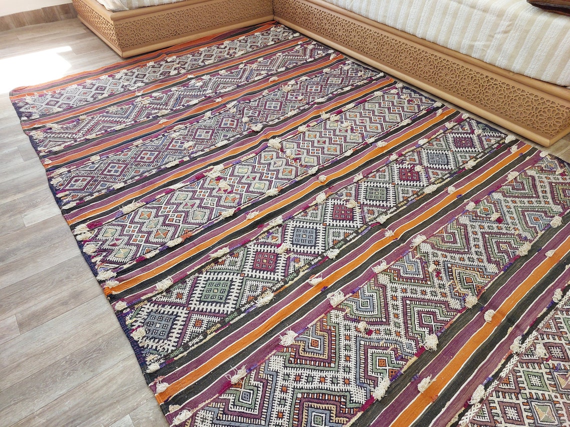 Mid Century Rug Blue Tarahalt Silk Wool 1950s Authentic Moroccan Flatweave Living Room Decor MoroccanBazzArts