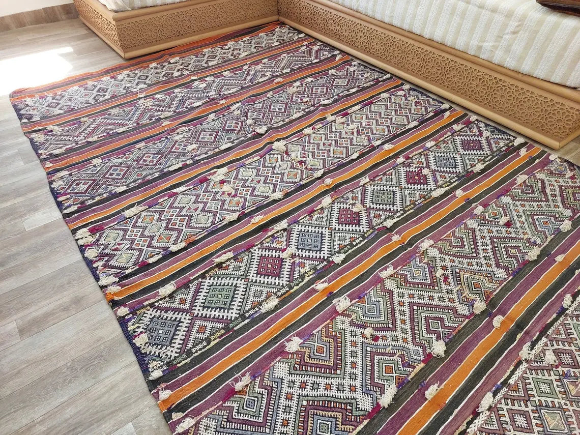 Mid Century Rug Blue Tarahalt Silk Wool 1950s Authentic Moroccan Flatweave Living Room Decor MoroccanBazzArts