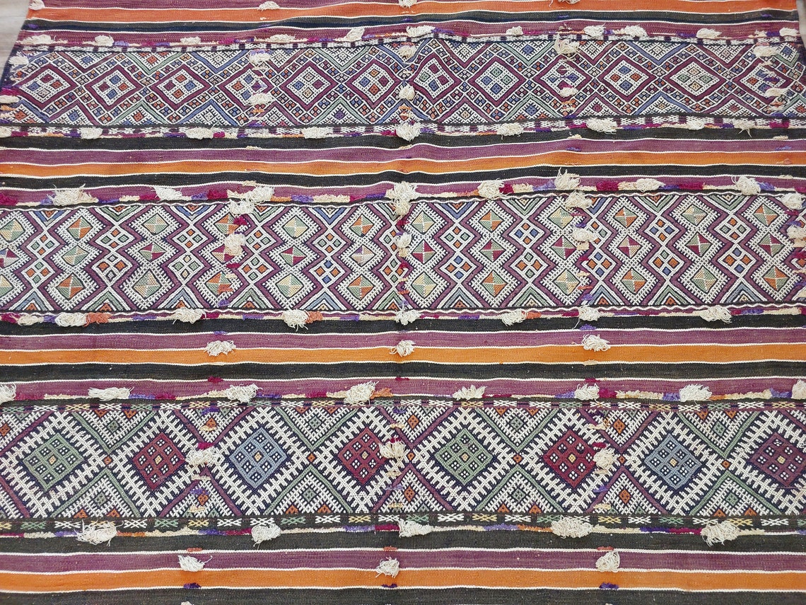 Mid Century Rug Blue Tarahalt Silk Wool 1950s Authentic Moroccan Flatweave Living Room Decor MoroccanBazzArts