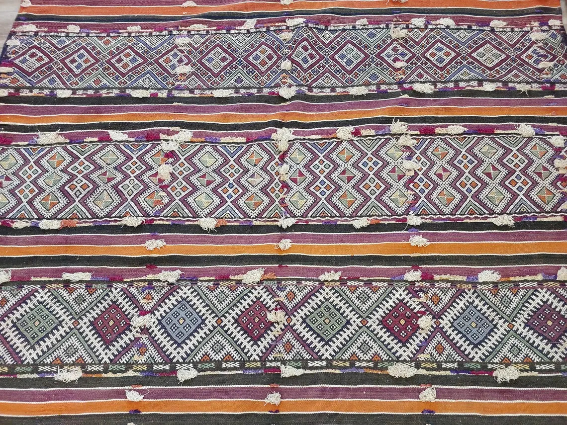 Mid Century Rug Blue Tarahalt Silk Wool 1950s Authentic Moroccan Flatweave Living Room Decor MoroccanBazzArts