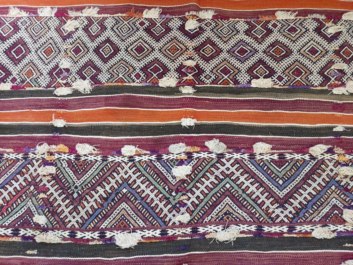 Mid Century Rug Blue Tarahalt Silk Wool 1950s Authentic Moroccan Flatweave Living Room Decor MoroccanBazzArts