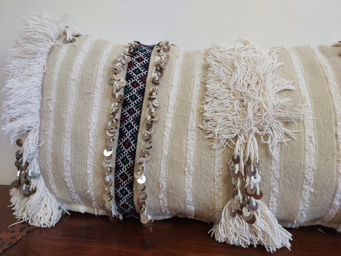 Handmade From Authentic Berber Wedding Blanket, Handira Lumbar Pillow Case. Vintage Handira Lounge Pillow Case. 13"×31" MoroccanBazzArts