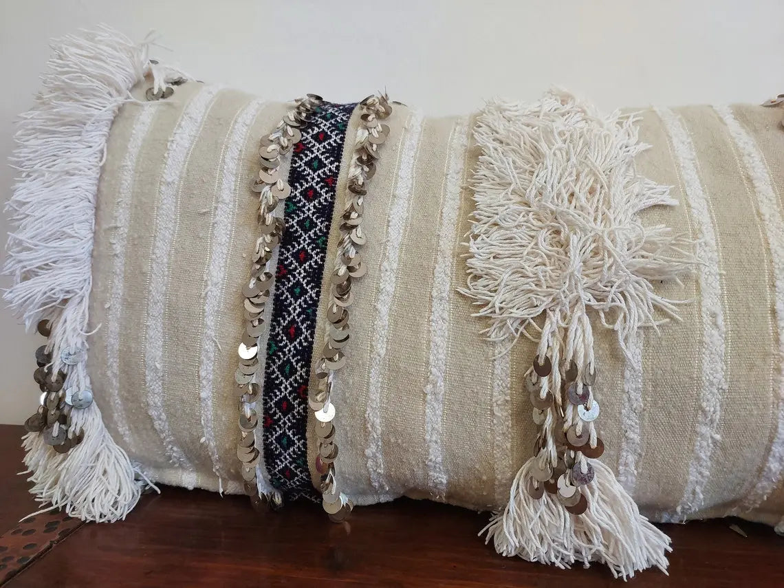 Handmade From Authentic Berber Wedding Blanket, Handira Lumbar Pillow Case. Vintage Handira Lounge Pillow Case. 13"×31" MoroccanBazzArts