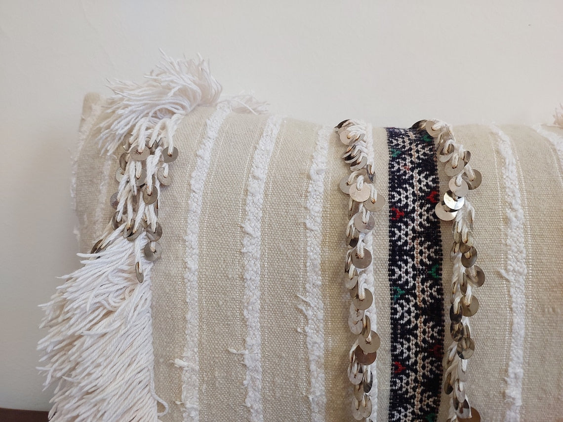 Handmade From Authentic Berber Wedding Blanket, Handira Lumbar Pillow Case. Vintage Handira Lounge Pillow Case. 13"×31" MoroccanBazzArts