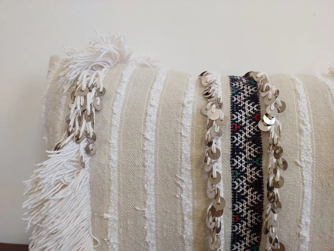 Handmade From Authentic Berber Wedding Blanket, Handira Lumbar Pillow Case. Vintage Handira Lounge Pillow Case. 13"×31" MoroccanBazzArts