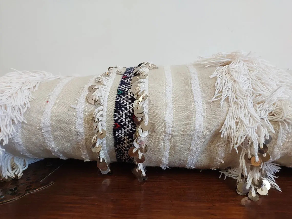 Handmade From Authentic Berber Wedding Blanket, Handira Lumbar Pillow Case. Vintage Handira Lounge Pillow Case. 13"×31" MoroccanBazzArts