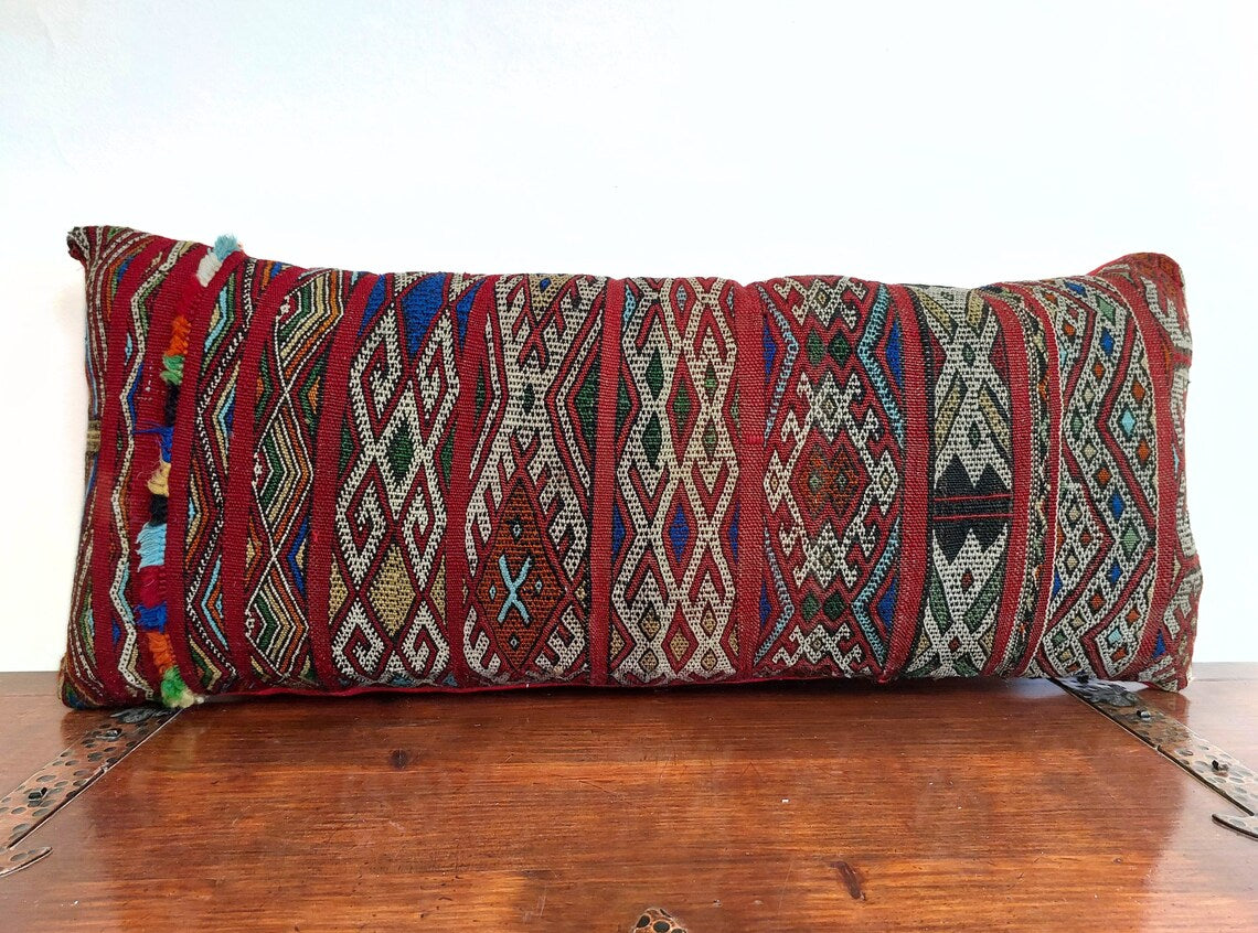 Authentic 13x31 Moroccan Kilim Lumbar Cushion - Vintage Berber Pillow Case MoroccanBazzArts