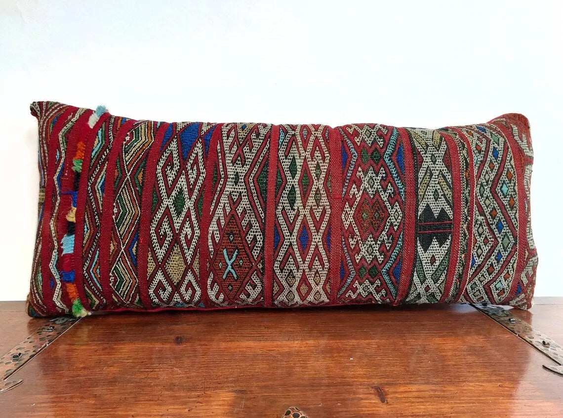 Authentic 13x31 Moroccan Kilim Lumbar Cushion - Vintage Berber Pillow Case MoroccanBazzArts