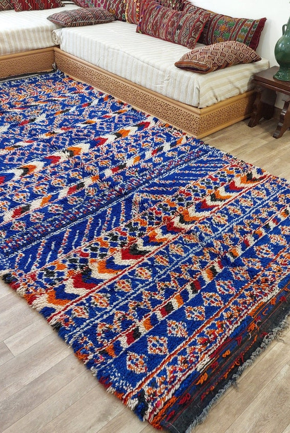 Moroccan Area Rug Wool Blue Berber: Handwoven Beni Cream Textured Vintage Designer Carpet MoroccanBazzArts