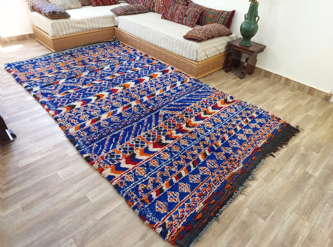 Moroccan Area Rug Wool Blue Berber: Handwoven Beni Cream Textured Vintage Designer Carpet MoroccanBazzArts