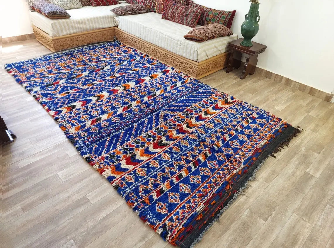 Moroccan Area Rug Wool Blue Berber: Handwoven Beni Cream Textured Vintage Designer Carpet MoroccanBazzArts