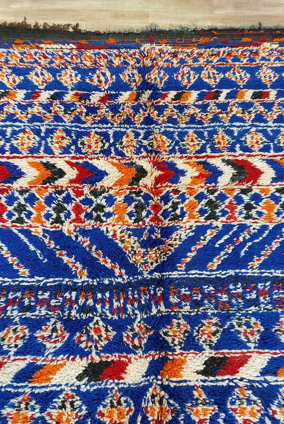 Moroccan Area Rug Wool Blue Berber: Handwoven Beni Cream Textured Vintage Designer Carpet MoroccanBazzArts