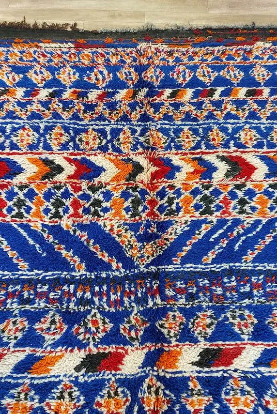 Moroccan Area Rug Wool Blue Berber: Handwoven Beni Cream Textured Vintage Designer Carpet MoroccanBazzArts