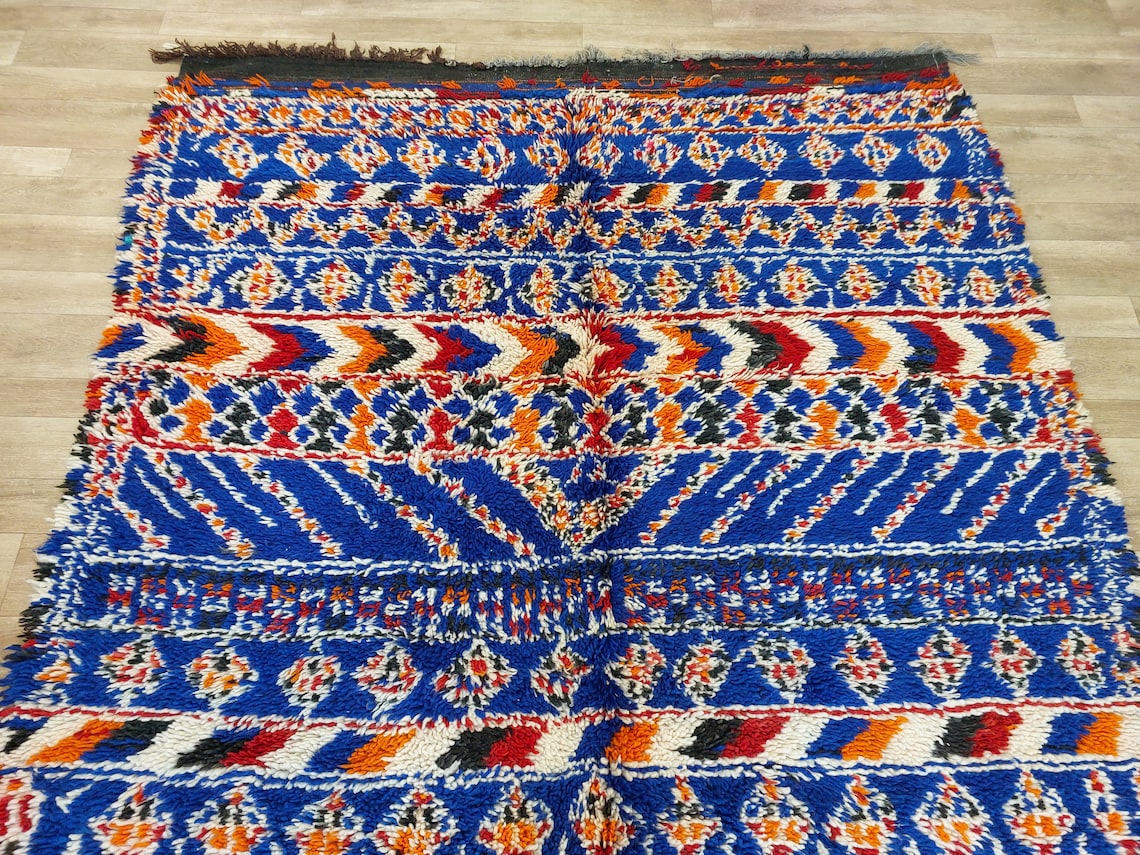 Moroccan Area Rug Wool Blue Berber: Handwoven Beni Cream Textured Vintage Designer Carpet MoroccanBazzArts