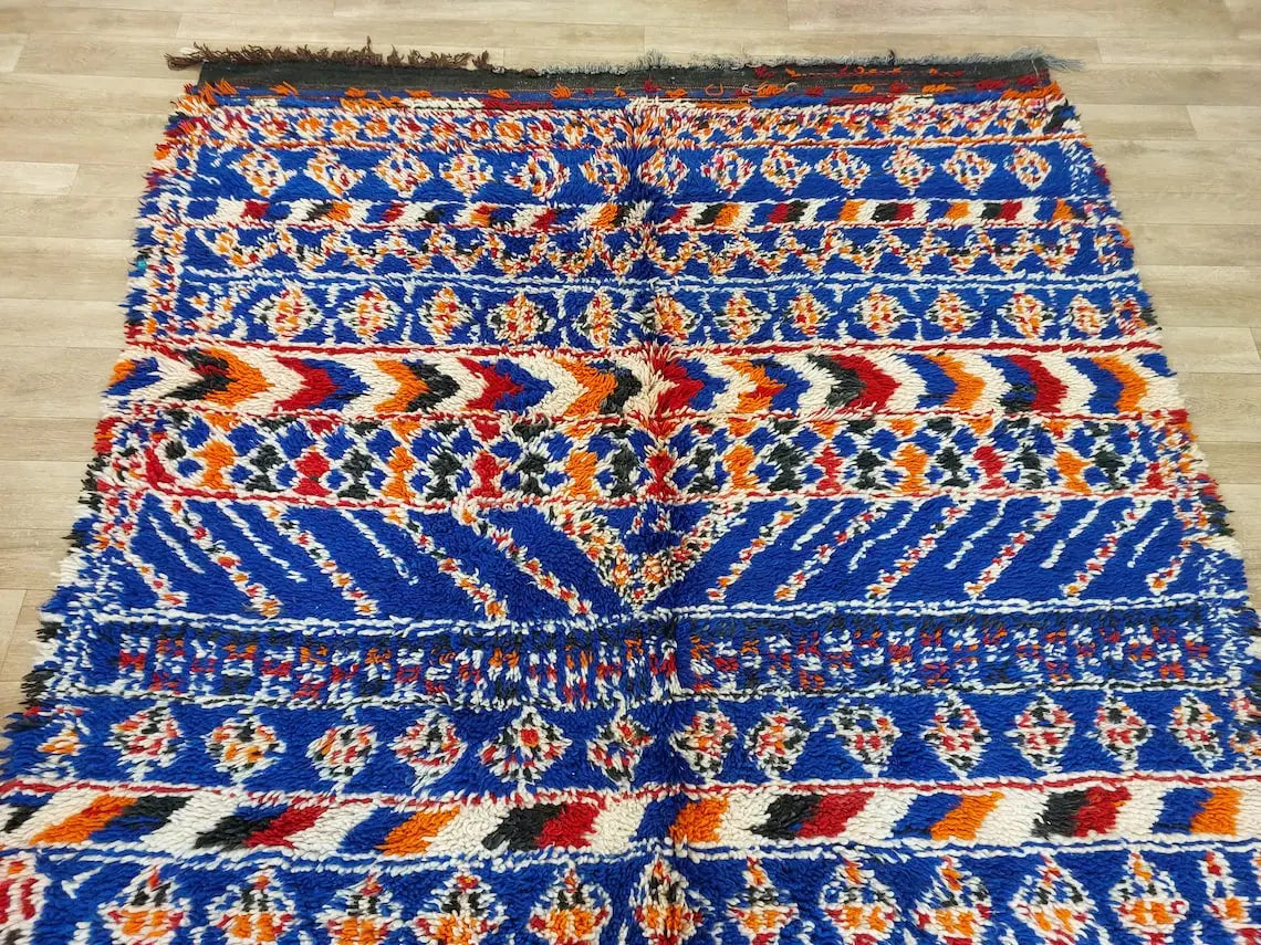 Moroccan Area Rug Wool Blue Berber: Handwoven Beni Cream Textured Vintage Designer Carpet MoroccanBazzArts
