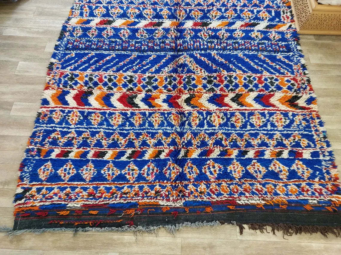 Moroccan Area Rug Wool Blue Berber: Handwoven Beni Cream Textured Vintage Designer Carpet MoroccanBazzArts