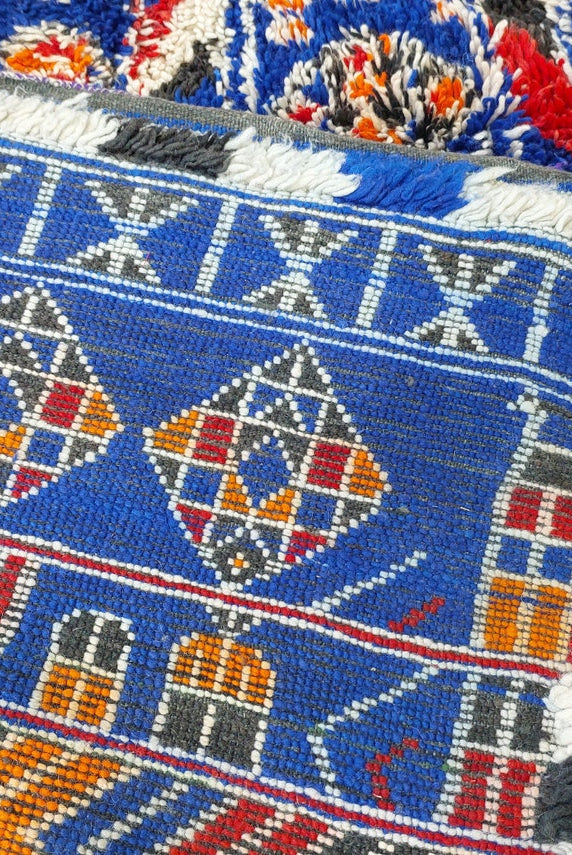 Moroccan Area Rug Wool Blue Berber: Handwoven Beni Cream Textured Vintage Designer Carpet MoroccanBazzArts