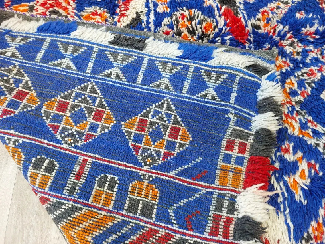 Moroccan Area Rug Wool Blue Berber: Handwoven Beni Cream Textured Vintage Designer Carpet MoroccanBazzArts