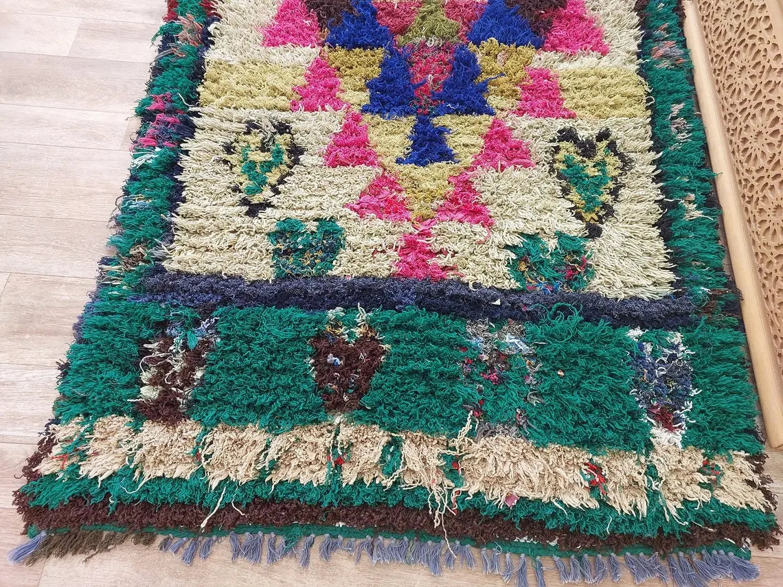 Small Boucherouite Rug , Moroccan Rug Runner - Vintage Azilal Rug - Hand Woven Berber Carpet - Moroccan Rug 100 X 216 cm MoroccanBazzArts