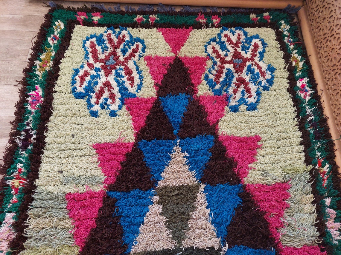 Small Boucherouite Rug , Moroccan Rug Runner - Vintage Azilal Rug - Hand Woven Berber Carpet - Moroccan Rug 100 X 216 cm MoroccanBazzArts
