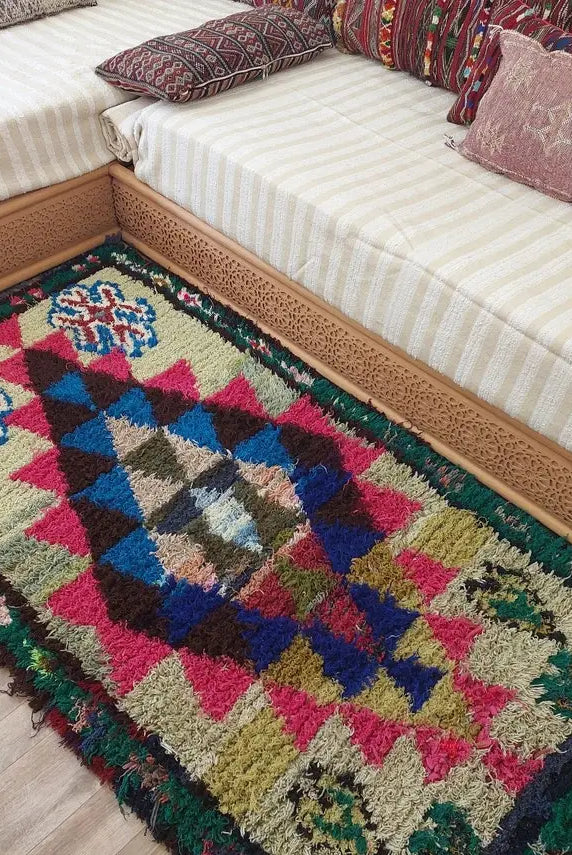 Small Boucherouite Rug , Moroccan Rug Runner - Vintage Azilal Rug - Hand Woven Berber Carpet - Moroccan Rug 100 X 216 cm MoroccanBazzArts