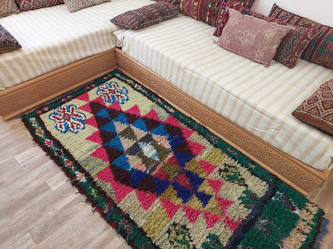 Small Boucherouite Rug , Moroccan Rug Runner - Vintage Azilal Rug - Hand Woven Berber Carpet - Moroccan Rug 100 X 216 cm MoroccanBazzArts