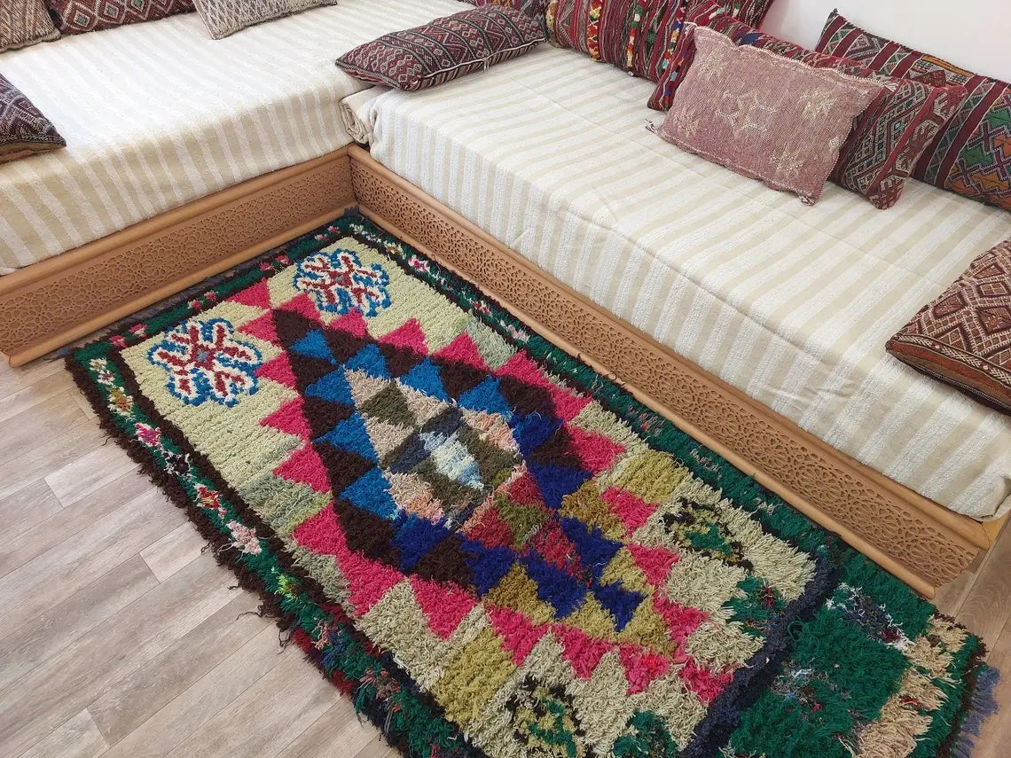 Small Boucherouite Rug , Moroccan Rug Runner - Vintage Azilal Rug - Hand Woven Berber Carpet - Moroccan Rug 100 X 216 cm MoroccanBazzArts