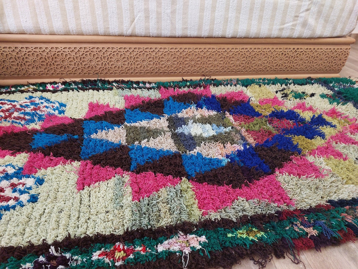 Small Boucherouite Rug , Moroccan Rug Runner - Vintage Azilal Rug - Hand Woven Berber Carpet - Moroccan Rug 100 X 216 cm MoroccanBazzArts