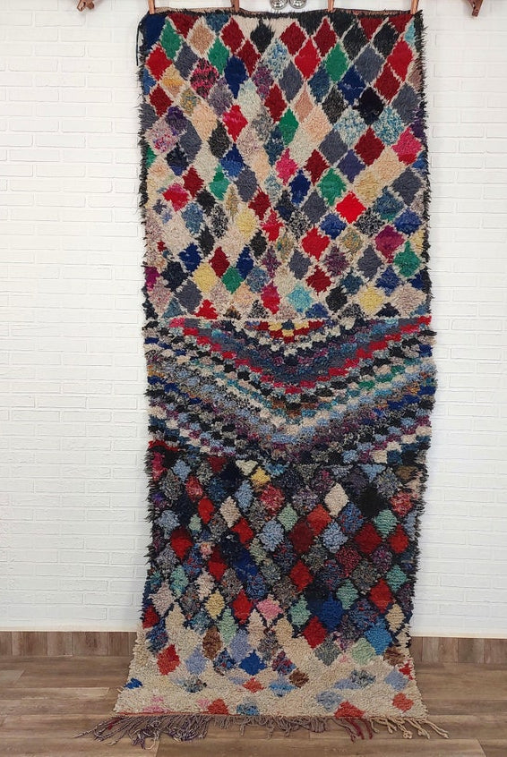 Vintage Boucherouite Moroccan Berber Rug: Colorful Bohemian Handmade Runner From Recycled Fabrics (3.5x9.2ft) MoroccanBazzArts
