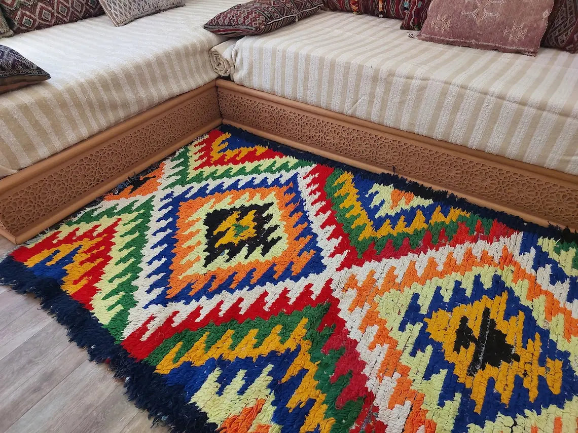 Small Moroccan Rug Runner - Vintage Azilal Rug - Hand Woven Bedside Rug - Boucherouite Rug - Moroccan Rug 217 Cm X 126 Cm MoroccanBazzArts