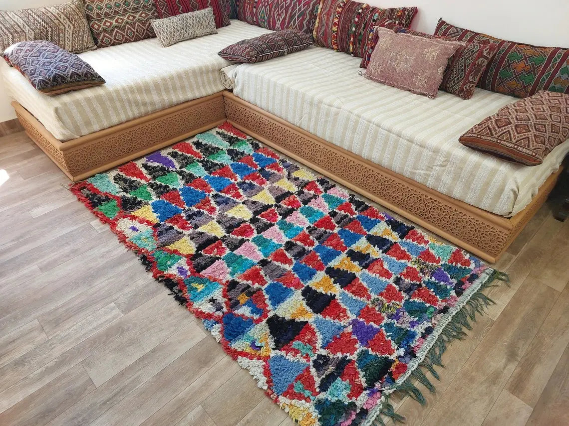 Boucherouite Rug Handmade Moroccan Berber: Colorful Recycled Fabric 3.6x6.6 MoroccanBazzArts