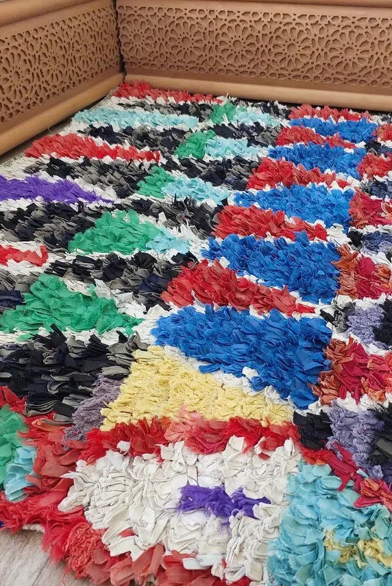 Boucherouite Rug Handmade Moroccan Berber: Colorful Recycled Fabric 3.6x6.6 MoroccanBazzArts