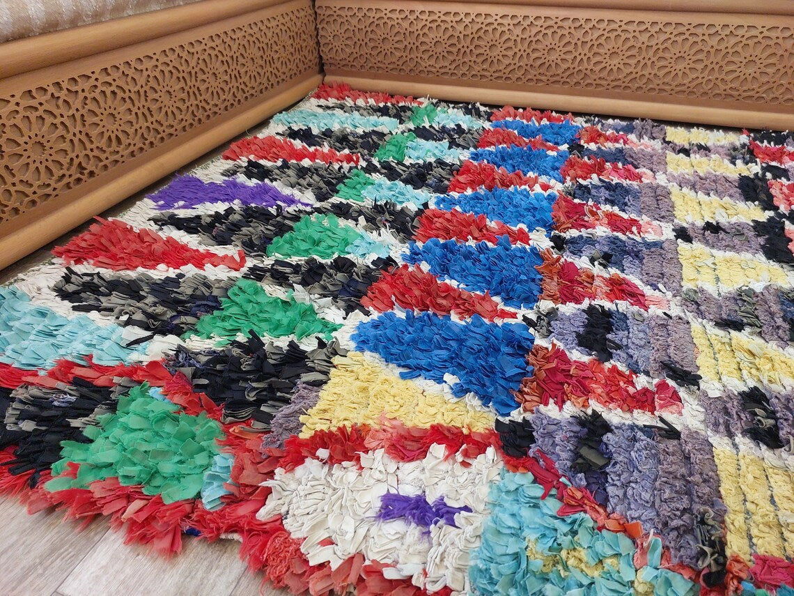 Boucherouite Rug Handmade Moroccan Berber: Colorful Recycled Fabric 3.6x6.6 MoroccanBazzArts