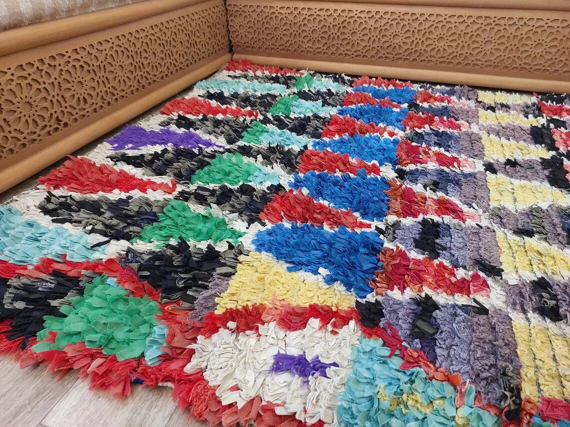 Boucherouite Rug Handmade Moroccan Berber: Colorful Recycled Fabric 3.6x6.6 MoroccanBazzArts