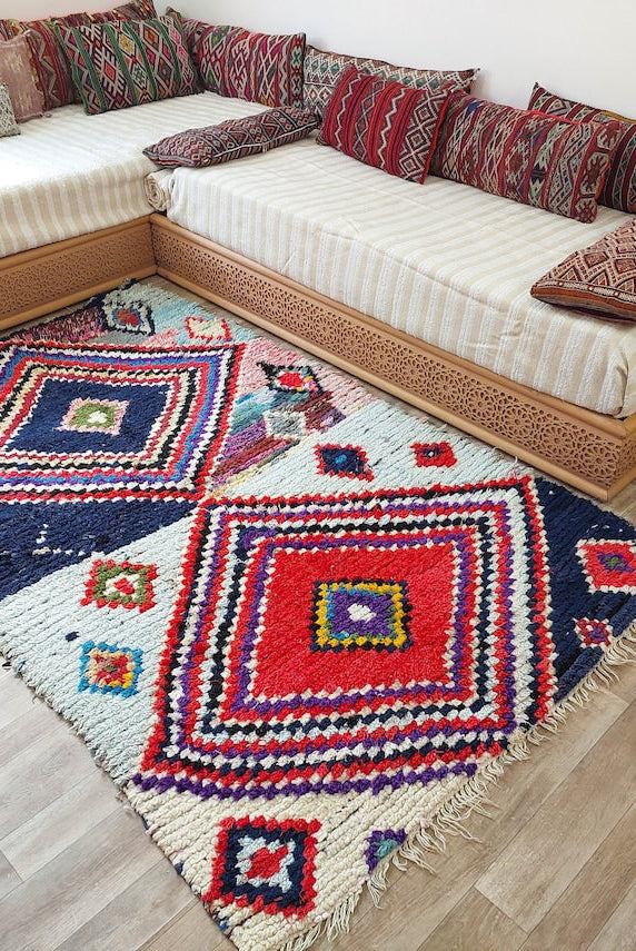 Vintage Boucherouite Rug - Art Moroccan Rug - Abstract Beni Rug - Handknotted Berber Rug - Colorful Carpet 142x224 Cm MoroccanBazzArts