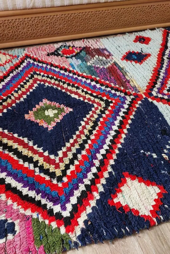Vintage Boucherouite Rug - Art Moroccan Rug - Abstract Beni Rug - Handknotted Berber Rug - Colorful Carpet 142x224 Cm MoroccanBazzArts