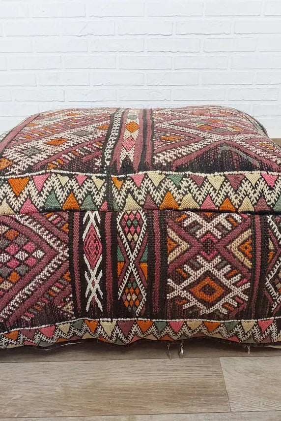 Vintage Moroccan Kilim Floor Pouf: Handmade Wool Berber Ottoman Cushion For Bohemian Home Decor MoroccanBazzArts