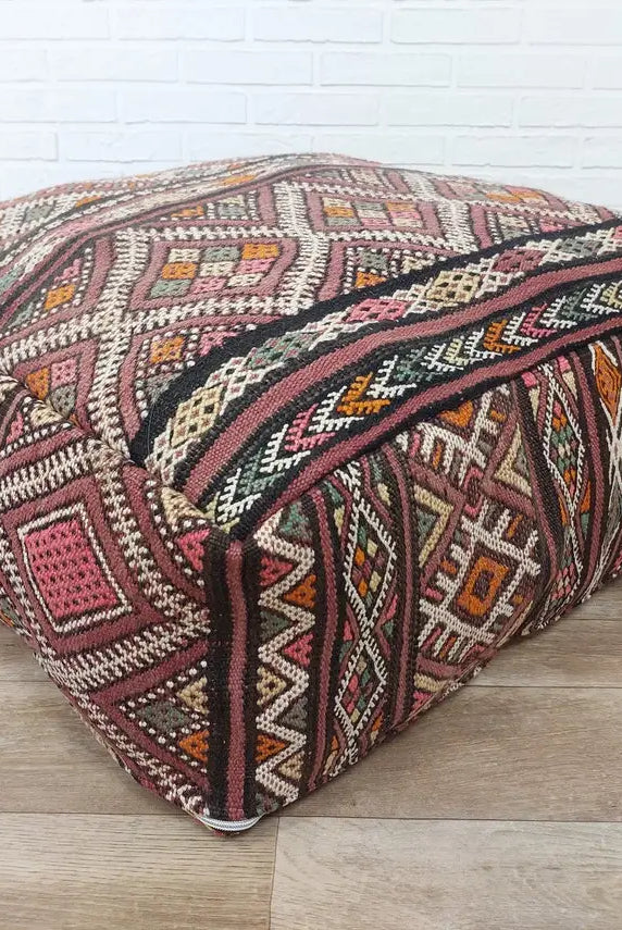 Vintage Moroccan Kilim Pouf: Handcrafted Berber Floor Ottoman, Colorful Wool Boujaad Cushion MoroccanBazzArts