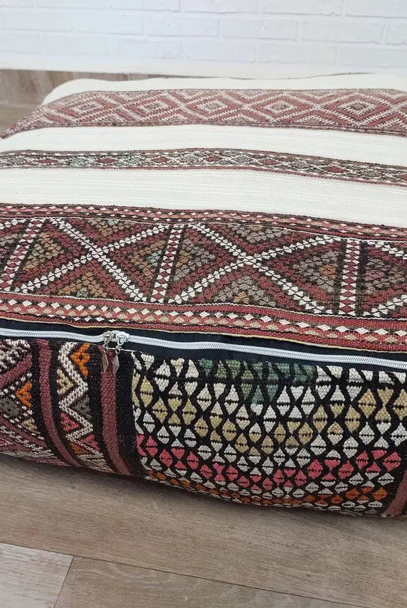 Vintage Moroccan Kilim Pouf: Handcrafted Berber Floor Ottoman, Colorful Wool Boujaad Cushion MoroccanBazzArts