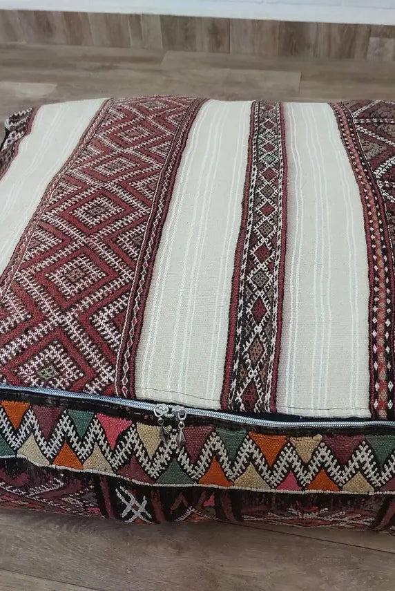 Vintage Moroccan Kilim Floor Pouf: Handmade Berber Wool Cushion Ottoman for Boho Home Decor MoroccanBazzArts