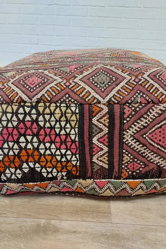 Vintage Moroccan Kilim Floor Pouf: Handmade Berber Wool Cushion Ottoman for Boho Home Decor MoroccanBazzArts