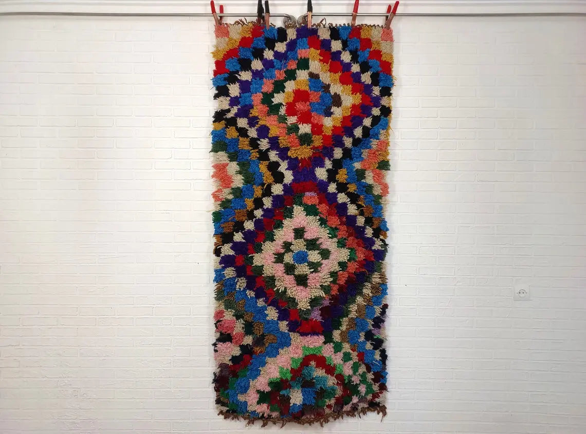 Moroccan Boucherouite Rug, 90 X 197cm, Authentic Berber Runner, Handmade Colorful Small Rug, Recycled Textile Rug MoroccanBazzArts